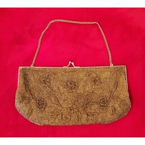 VTG Gold Beaded Rhinestone Closure Clutch Purse With 11” Chain Hong Kong